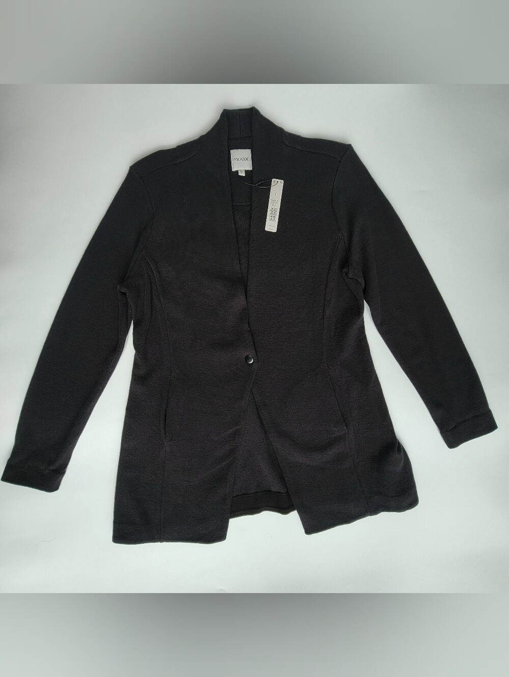 Nic+Zoe Grace Open Front Black Knit Jacket Size Large L Collarless Blazer NEW